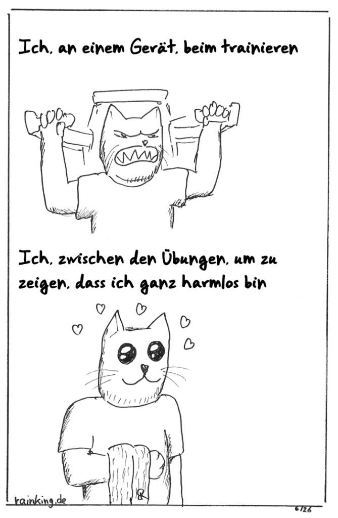 Comic mit antropomorper Katze;
Ich, an einem Gerät, beim trainieren (angestrengter, finsterer Gesichtsausdruck)
Ich, zwischen den Übungen, um zu zeigen, dass ich ganz harmlos bin (übertriebe niedlicher Gesichtsausdruck, Herzchen drumrum)
